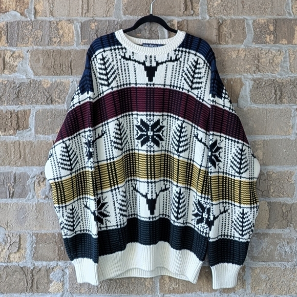 VTG 80s Nautica 100% Cotton Crew Neck Knit Sweater Reindeer Snowflakes Trees XL - Picture 8 of 8